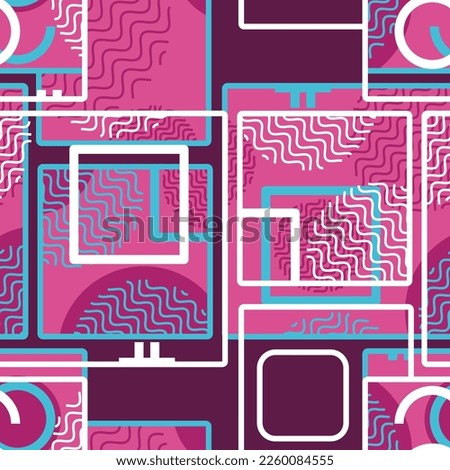 Abstract seamless patern with pink, white and blue elements on a dark purple background. Vector illustration