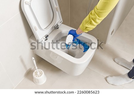 Wall mounted toilet cleaning with detergent. Woman hotel maid cleans a bathroom toilet with a scrub brush. household service. Modern flush toilet. Cleaning Royalty-Free Stock Photo #2260085623