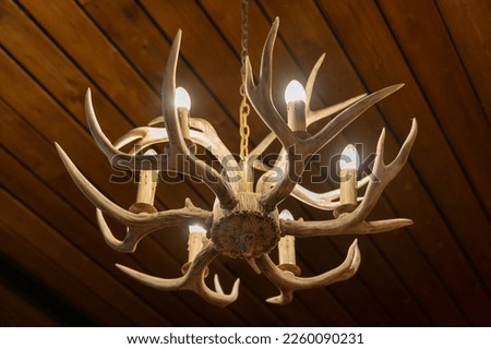 Chandelier horns. Unusual chandelier made of deer horns hanging indoors of home or hotel. Chandelier made of deer antlers on a wooden background. Fashionable ceiling chandelier made of deer antlers. Royalty-Free Stock Photo #2260090231