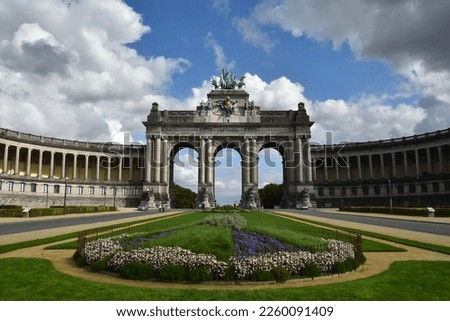A distant view of the Triumphal Arch in Brussels' Jubelpark.  Royalty-Free Stock Photo #2260091409