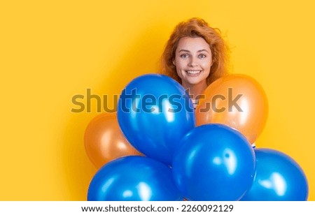 happy birthday woman hold balloons in studio. happy woman with balloon for birthday party
