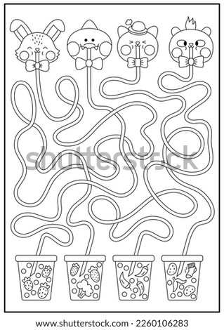 Kawaii black and white maze for kids. Preschool printable activity with cute animals drinking bubble tea with different taste. Labyrinth game or coloring page with fancy drinks with carrot, strawberry Royalty-Free Stock Photo #2260106283