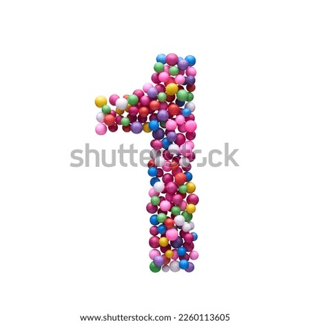 The number ONE is made with multi-colored balls isolated on a white background.