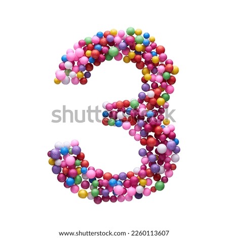 The number THREE is made with multi-colored balls isolated on a white background.