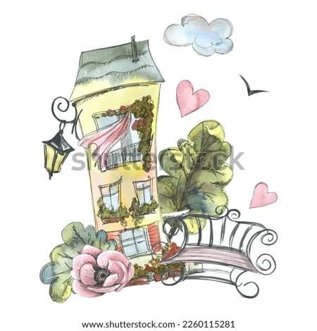 Cute, yellow house, European with a bench, a lantern, anemone flowers, trees, clouds and hearts. Watercolor illustration. Composition from the PARIS collection. For the design and decoration