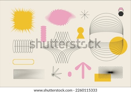 Vector Graphic Assets Set. Simple Linear editable Bold modern Shapes Composition for Posters Template, flyers, clothes, social media, Y2k style, Digital Collage, Retro.
