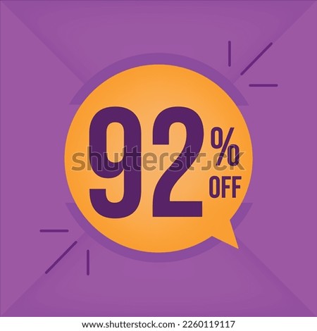 92 percent off. Sales discount. Orange balloon on purple background.