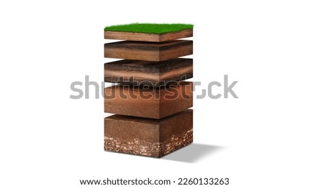 Isometric Soil Layers diagram, Cross section of green grass and underground soil layers beneath, stratum of organic, minerals, sand, clay, Isometric soil layers isolated on white Royalty-Free Stock Photo #2260133263