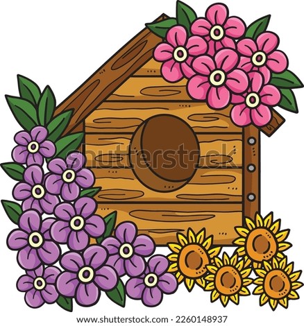 Spring Bird House With Flowers Cartoon Clipart