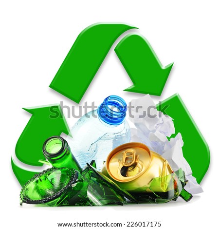 Composition with recyclable garbage consisting of glass, plastic, metal and paper isolated on white background