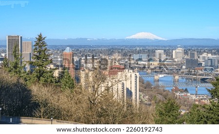 Portland Oregon skyline bridges and view of Mt. St. Helens 