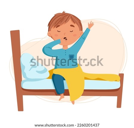 Cute blond boy wake up vector illustration. The child wakes up in his bed. Daily routine. Schedule. Illustration on abstract background Royalty-Free Stock Photo #2260201437