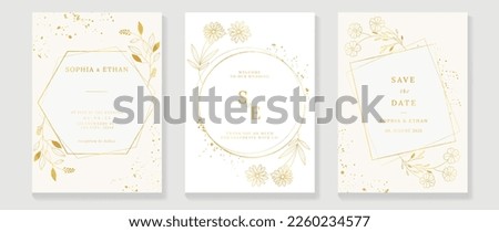Luxury wedding invitation card background vector. Golden geometric frame with elegant botanical flower gold line art and ink splatter. Design illustration for wedding and vip cover template, banner.