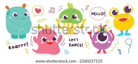 Cute and Kawaii monster kids icon set. Collection of cute cartoon monster in different playful characters. Funny devil, alien, demon and creature flat vector design for comic, education, presentation. Royalty-Free Stock Photo #2260237125