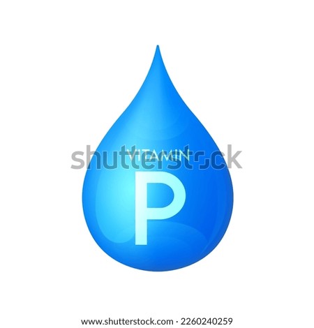 Drip vitamin P blue icon 3D isolated on a white background. Drop minerals and vitamins complex realistic. Used for nutrition products food. Medical scientific concepts. Vector EPS10 illustration.
