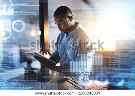 Overlay, futuristic research and black man with tablet for website, data analysis and networking in office. Digital transformation, innovation and male with technology, cyber hologram and web design