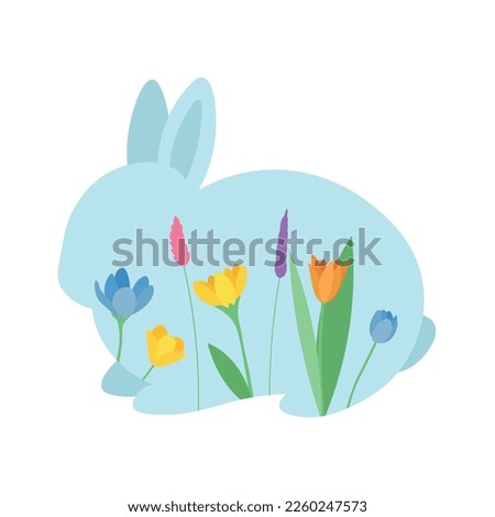 Cute Easter bunny with spring flowers on white background