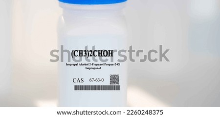 (CH3)2CHOH isopropyl alcohol 2-propanol propan-2-ol isopropanol CAS 67-63-0 chemical substance in white plastic laboratory packaging Royalty-Free Stock Photo #2260248375