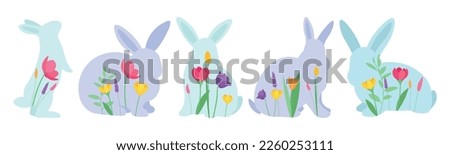 Set of cute Easter bunnies with spring flowers on white backgrou