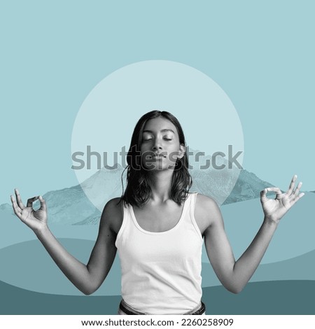 Zen, meditation and woman on poster, mountain on blue background and lotus pose in balance. Art, yoga advertising and creative collage design for health, wellness and calm, spiritual lifestyle studio