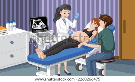 Doctor doing ultrasound scan for pregnant woman in hospital illustration