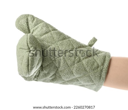 Chef in oven glove on white background, closeup Royalty-Free Stock Photo #2260270817