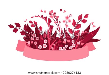 Magenta Floral Arrangements with Pink Ribbon, Blank Template.  Empty element with Blooming Flowers, Red and Pink Leaves and Hearts. Isolated vector clipart, illustration on white background