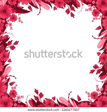 Magenta Floral Arrangements, Blank Template. Square Empty Frame with Blooming Flowers, Red and Pink Leaves and Hearts. Isolated vector clipart, illustration on white background