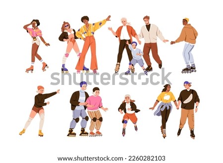 People roller skating set. Happy men, women, child skaters on rollerblades. Family, old couple, young friends, teen during fun sport activity. Flat vector illustrations isolated on white background Royalty-Free Stock Photo #2260282103
