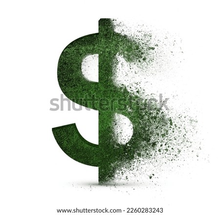 green dollar symbol that crumbles into dust on a white isolated background Royalty-Free Stock Photo #2260283243
