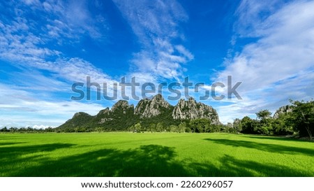 beautiful mountain on blue sky background , rice fields Foreground , Nakhon Sawan province , North of thailand- landscape Thailand