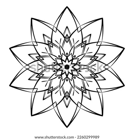 Flower mandala coloring page. Simple symmetrical floral shape for mindful coloring. Black outline on white background