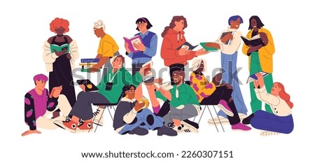 People readers with books. Literature fans, characters group reading. Bookworms, hobby club for bookcrossing, novels swap, exchange. Flat concept vector illustration isolated on white background