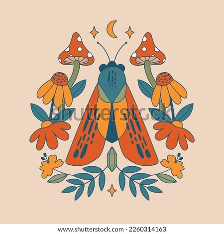 Modern psychedelic art. With illustrations of moth, mushrooms, butterfly, moon, flowers, plants. Hippie groovy esoteric clipart in flat style. 60's, 70's concept for card, poster, decoration.