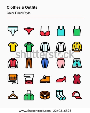 Customizable set of clothes and outfits icons covering different kinds of clothes and accessories. Perfect for businesses, stores, marketplaces, product catalogs, ads and marketing, presentations, etc