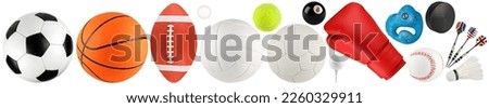 set collection of various sport gear and ball like soccer american football basketball handball boxing isolated on white background. sports equipmet activity concept Royalty-Free Stock Photo #2260329911