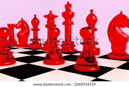 Chess game with glass transparent chess on translucent chessboard. Debut. Contrasting backlit. Knight move. Tactics and Strategy. Reflection pieces pawns on checkerboard. 3d rendering.