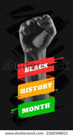 Male fist going up over black background with red yellow green colors. Black History month. Freedom and human rights. Black History Month. Banner, poster. Concept of human rights, freedom, history