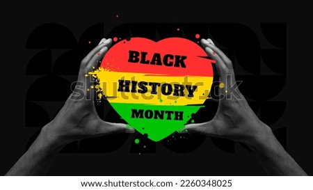African-american history. Human hands holding colorful heart with red yellow green colors over black background. Black History Month. Banner, poster. Human rights, freedom, history, american culture Royalty-Free Stock Photo #2260348025