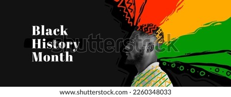 Racial equality. African-american man in red yellow green colors over black background with american flag. Black History Month. Banner, poster. Concept of human rights, freedom, history, dactivism. Royalty-Free Stock Photo #2260348033
