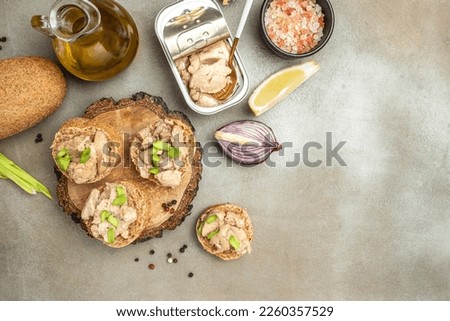 open sandwiches with cod liver and green onion, Natural source of omega 3. banner, menu, recipe place for text, top view,
