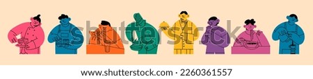 Set of Baker, Waiter, Chef, Barista, eating people. Cute cartoon characters. Hand drawn isolated Vector illustrations. Restaurant staff, fast food, professional kitchen, baking, coffee shop concept