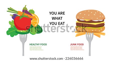 Food concept  you are what you eat. Choose between healthy food and junk food  Royalty-Free Stock Photo #226036666