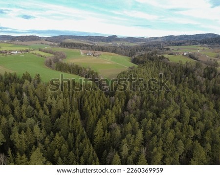 aerial photo of the forest in bavaria with dense needle trees and clearings as a green meadow
