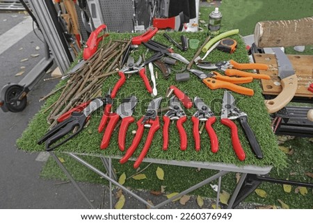 technology tools used in gardening, tools necessary for horticulture use, including tools for landscaping and horticultural work. Royalty-Free Stock Photo #2260376949
