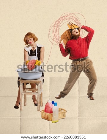 Contemporary art collage. Creative design. Washing brain. Funny image of woman washing and man hiding head in briefcase. Concept of retro style, vintage, creativity, surrealism, relationship