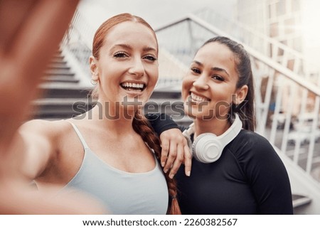 Women, friends selfie and portrait for training, wellness or profile picture in city with support. Happy gen z woman, exercise partnership and outdoor photo for social network app with solidarity