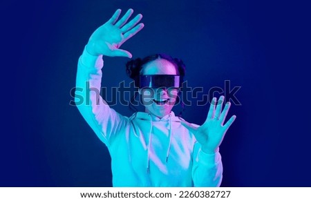 Virtual reality glasses, wow and a woman with vr tech for futuristic gaming, cyber and 3d world. Gamer person excited with hands for ar, digital experience and cyberpunk ux dark background app