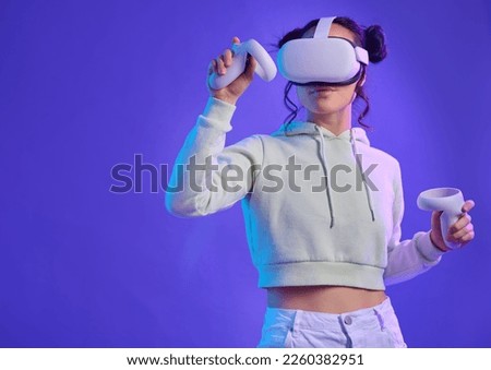 Metaverse, virtual reality glasses and a woman with mockup space for futuristic, cyber and digital world. Gamer person with hand controller for ar, 3d experience and cyberpunk purple background app Royalty-Free Stock Photo #2260382951