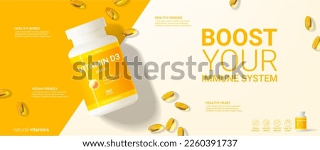 Minimalistic ad banner of vitamin d3. 3d vector illustration of dietary supplement. Top view on realistic bottle and softgels for promotion of vitamin d3. Concept of healthy immune system. Royalty-Free Stock Photo #2260391737